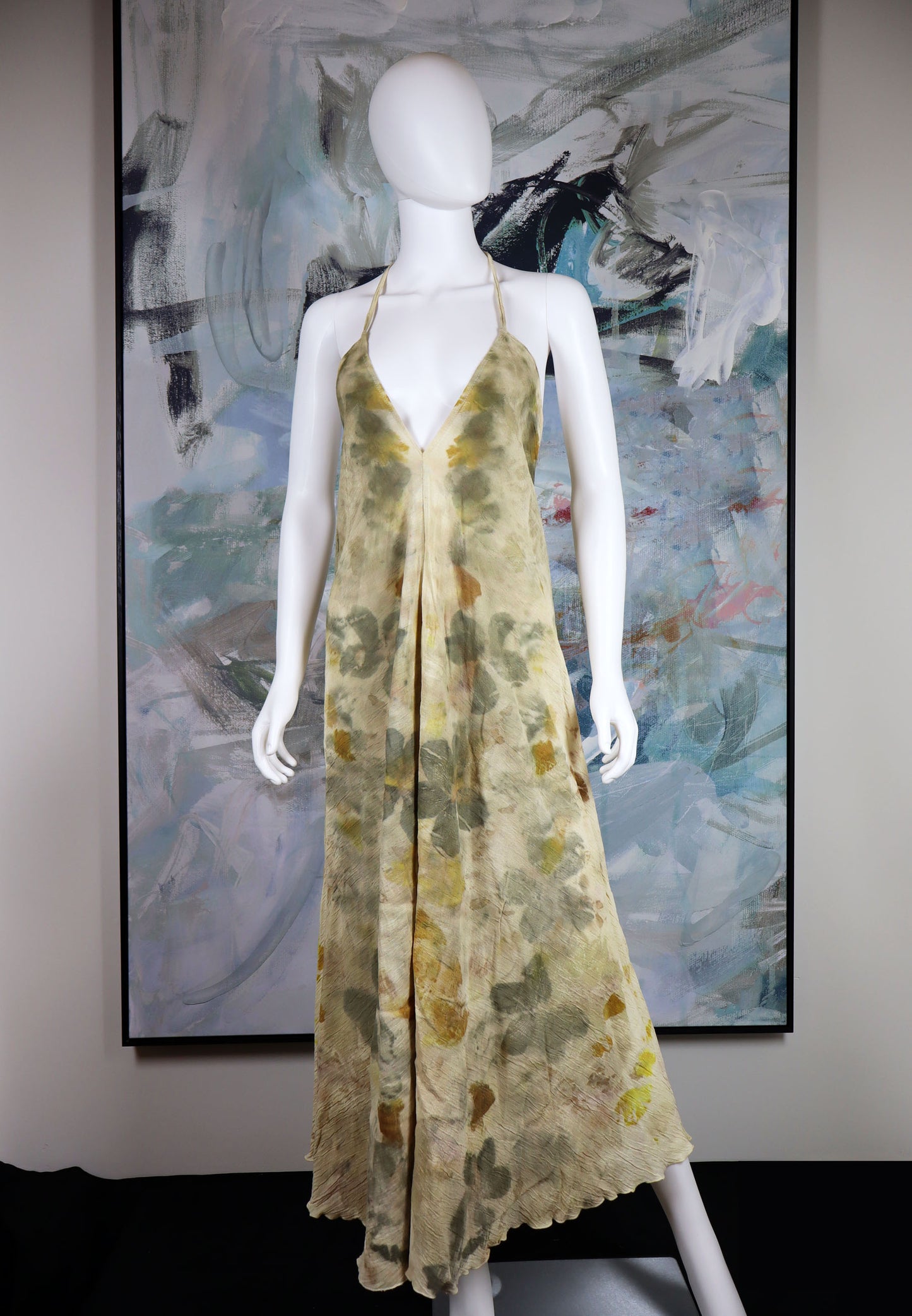 Maxi Dress Elegant Print Fabric Leaves Flowers Natural
