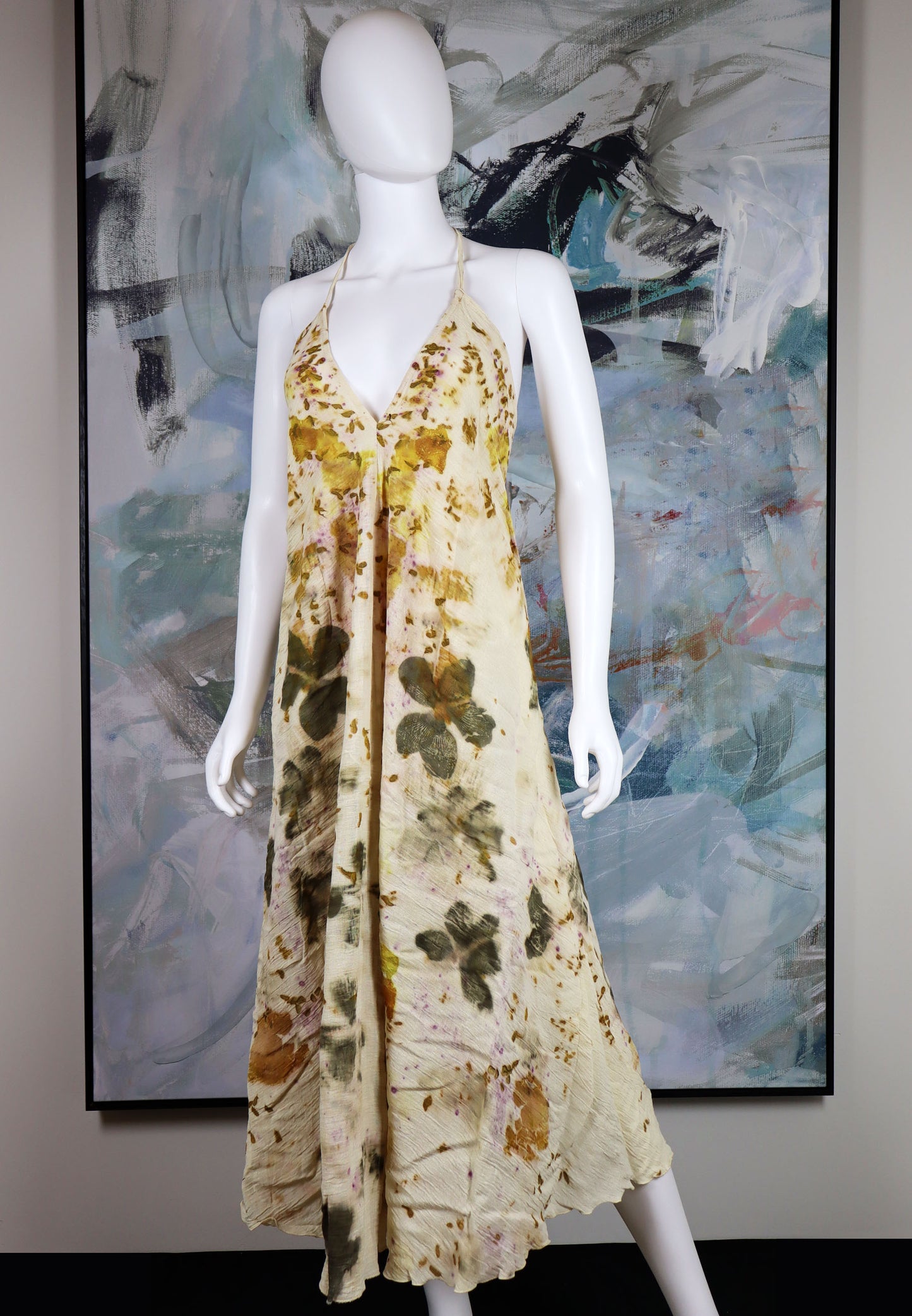 Maxi Dress Leaves Flowers Natural Print Fabric