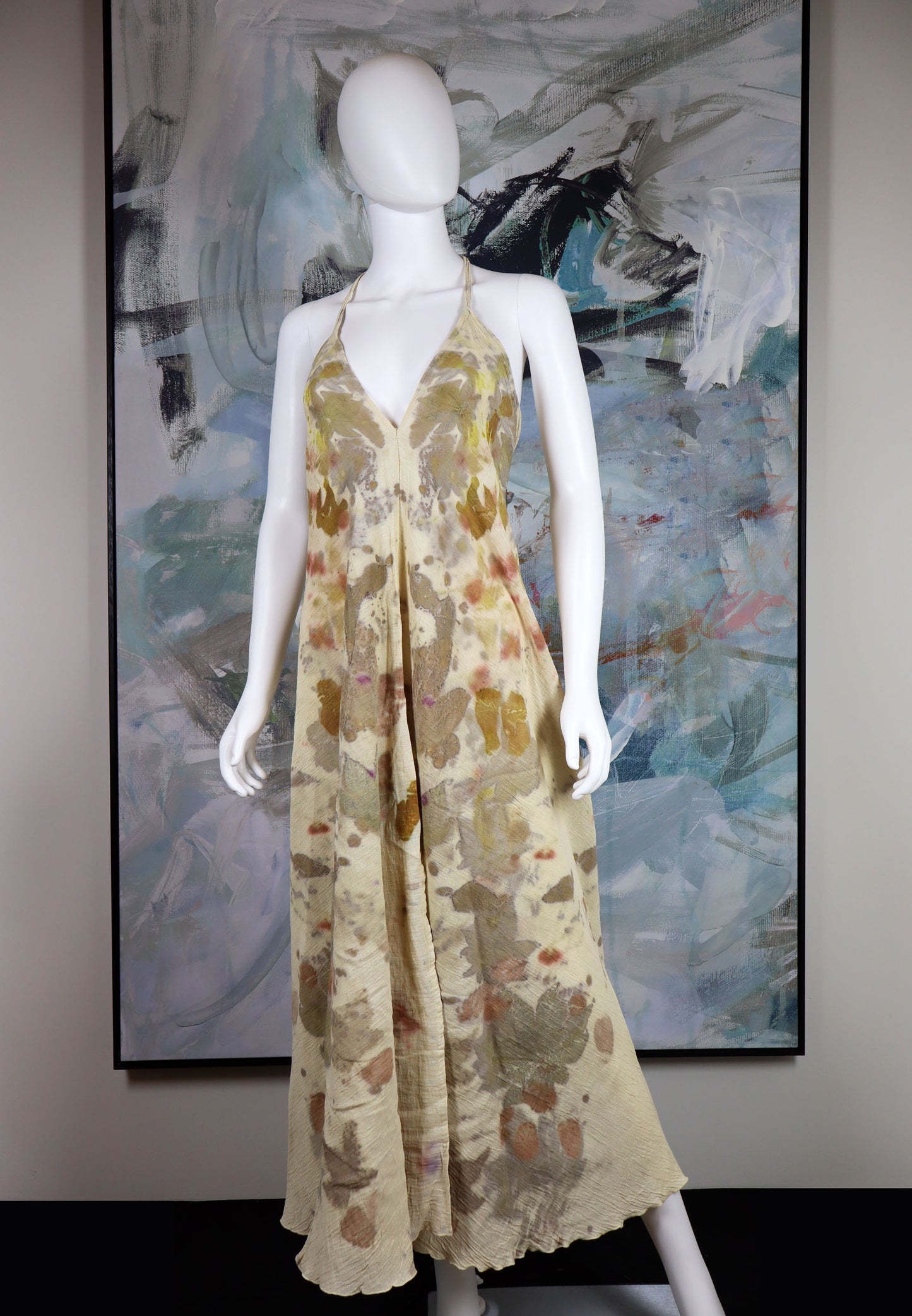 Maxi Dress Elegant Leaves Flowers Natural Print Fabric