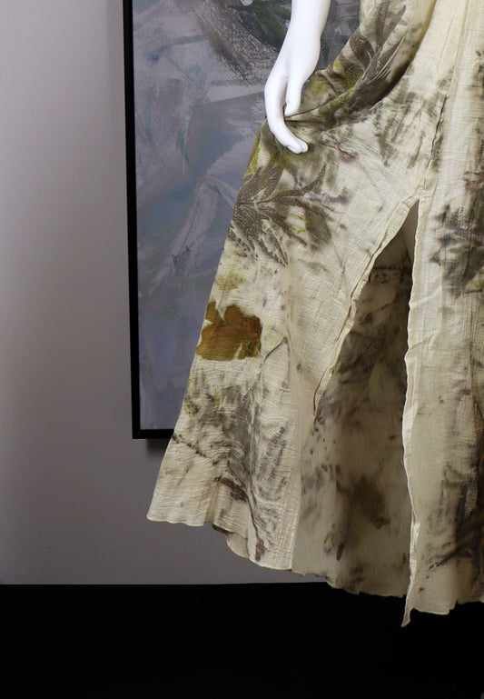 Maxi Dress Elegant Print Fabric Leaves Flowers Natural