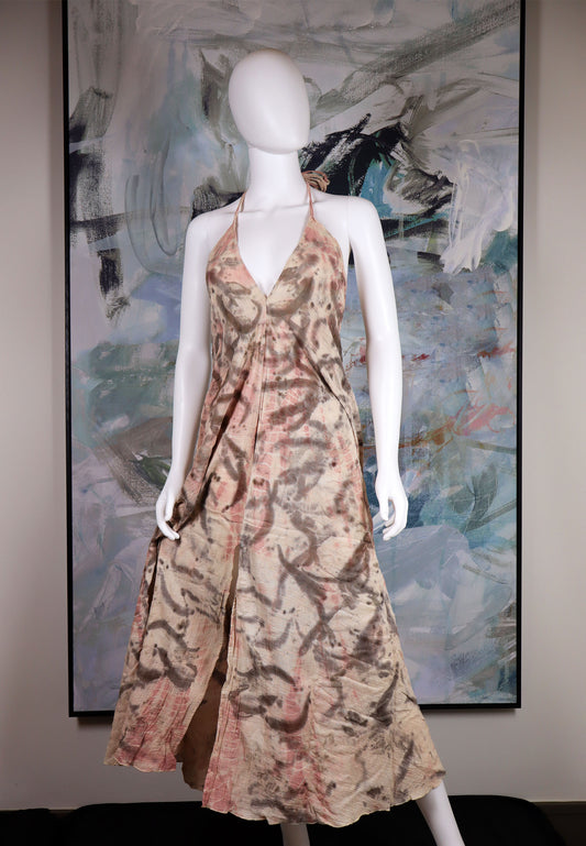 Maxi Dress Natural and Elegant Print Fabric Leaves Flowers Natural