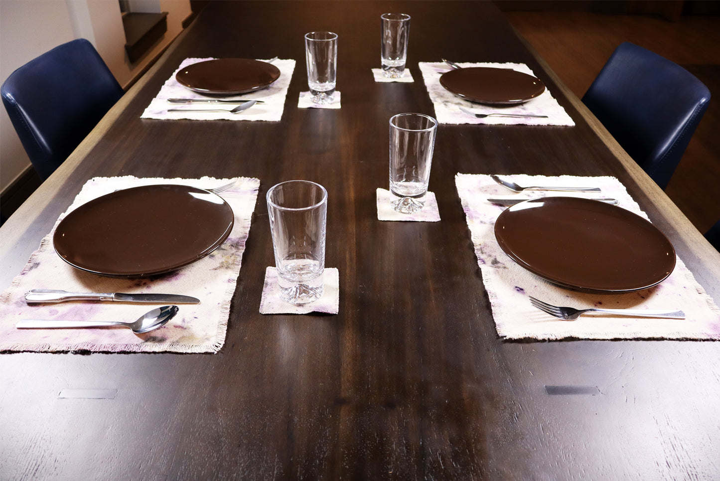 Set of 4 Placemats, 4 Coasters Natural Cotton, Handmade dyed, Ecoprint