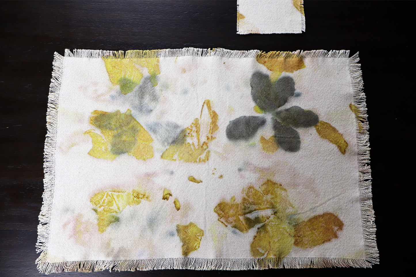 Beautiful Set of 4 Placemats, 4 Coasters, Ecoprint, Natural Cotton, Handmade dyed.