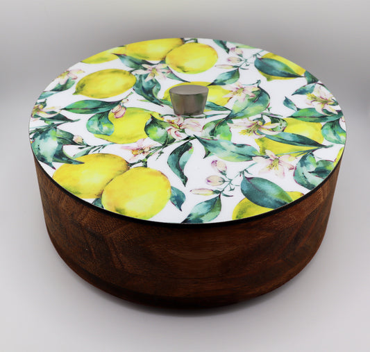 Tortillla Warmer Handmade Parota Wood, Lemons Contemporary design.
