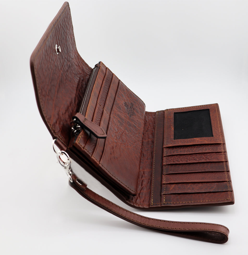 Lady Brown Wallet with Wrist Strap, Tooled Leather Wallet