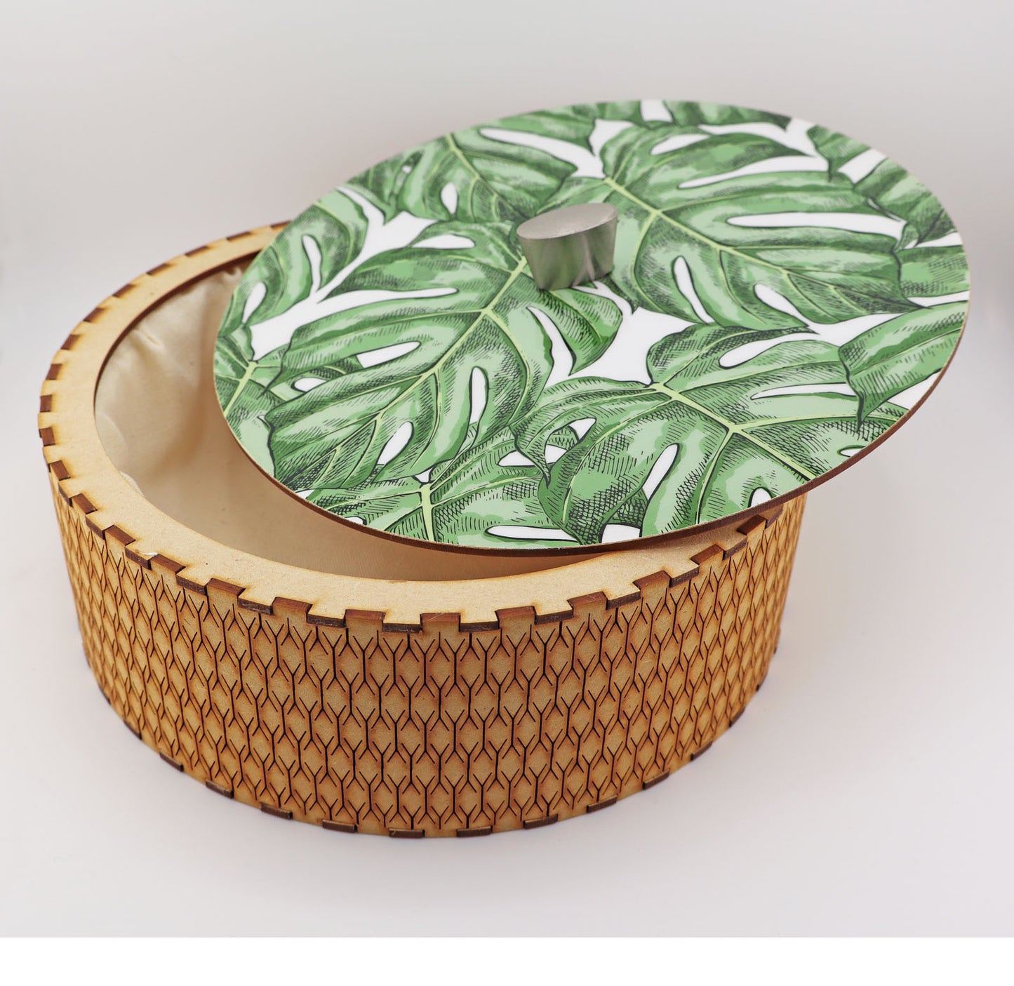 Tortillla Warmer, Monstera Contemporary design, Handmade Wood.