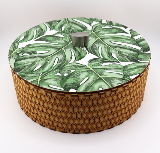 Tortillla Warmer, Monstera Contemporary design, Handmade Wood.