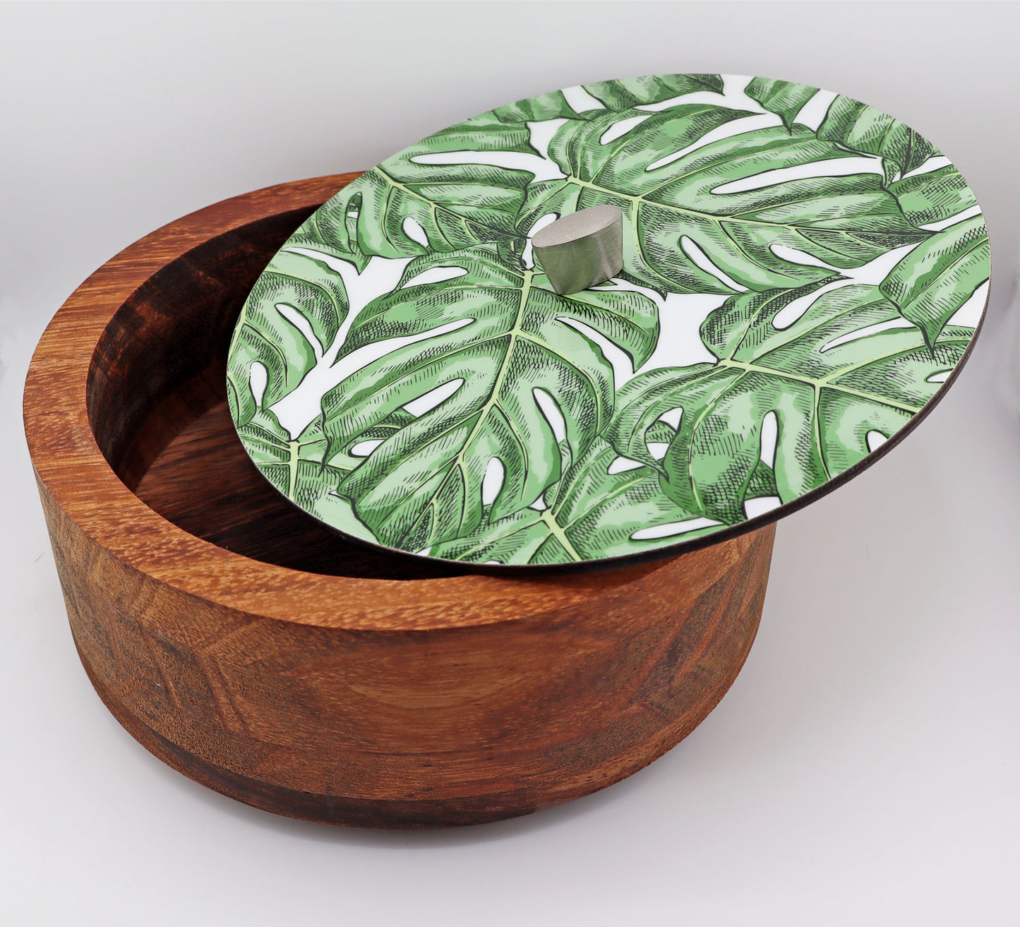 Tortillla Warmer Handmade Parota Wood, Monstera Contemporary design.