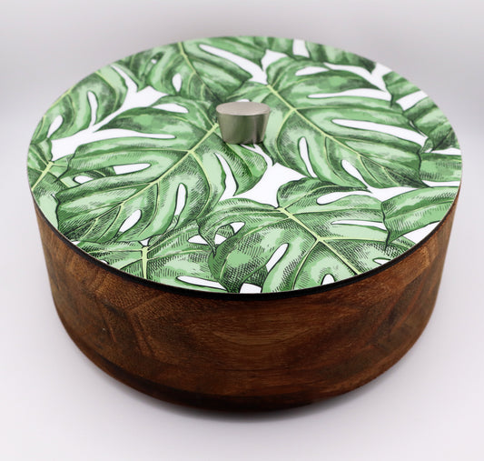 Tortillla Warmer Handmade Parota Wood, Monstera Contemporary design.