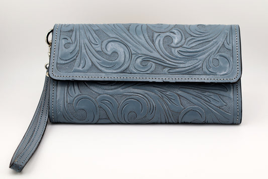 Leather Wallet for Women, Smokey Blue Color, Tooled Leather Wallet