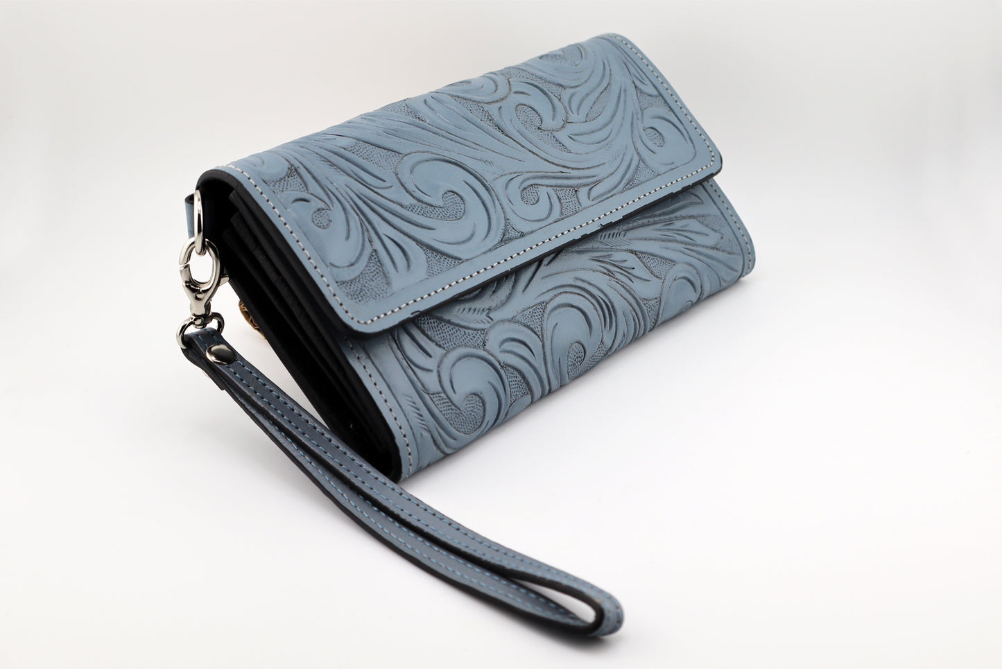 Leather Wallet for Women, Smokey Blue Color, Tooled Leather Wallet