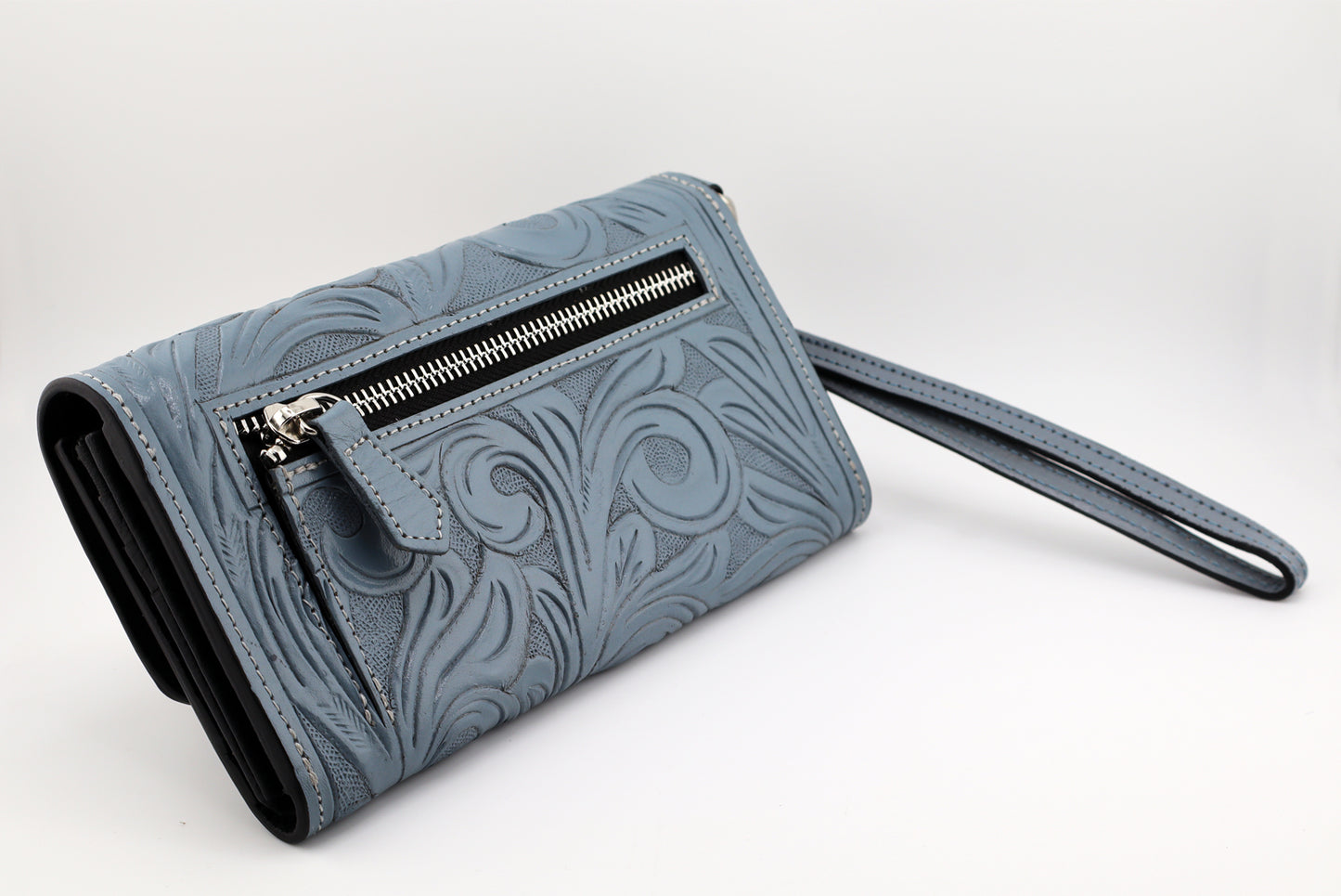 Leather Wallet for Women, Smokey Blue Color, Tooled Leather Wallet