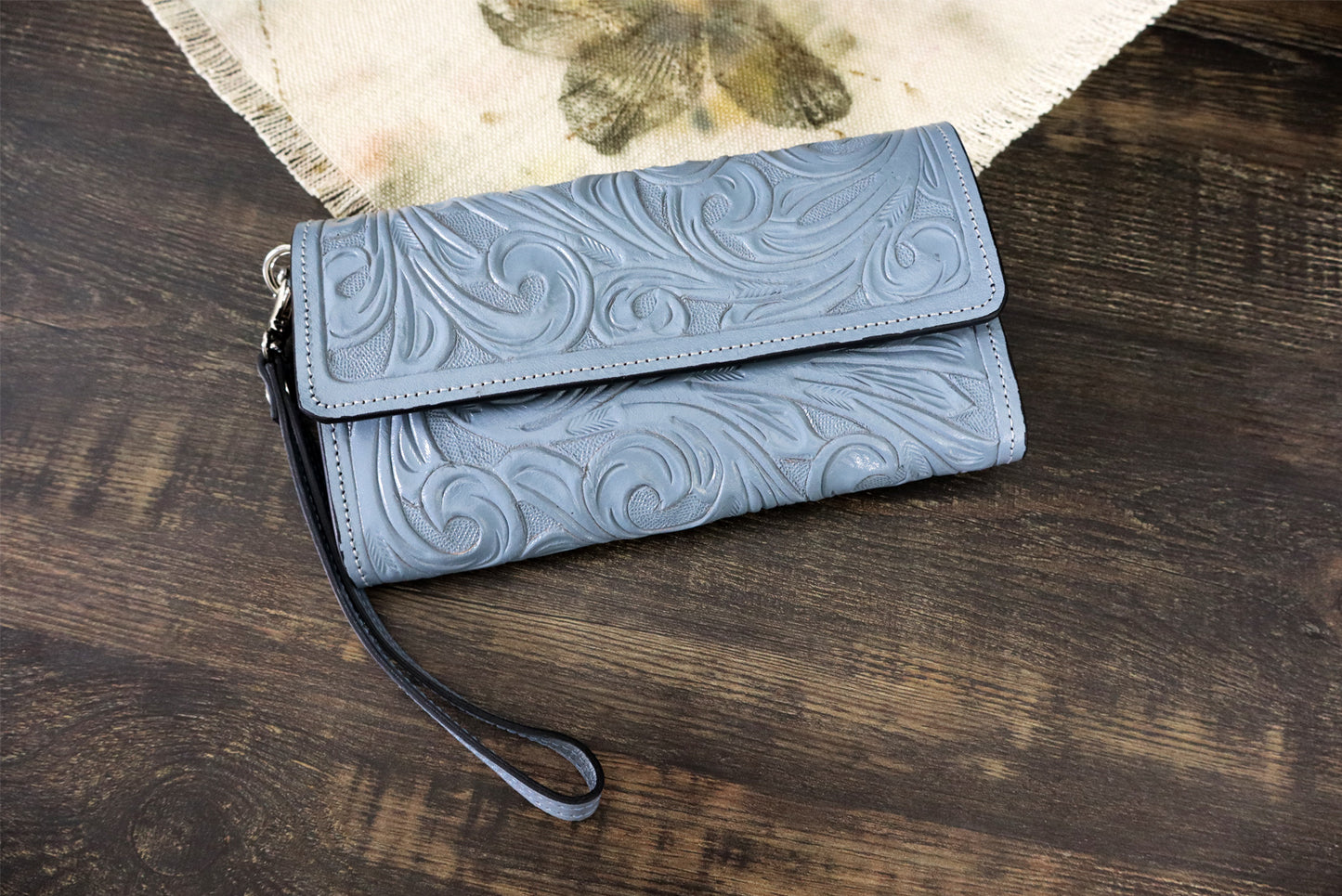 Leather Wallet for Women, Smokey Blue Color, Tooled Leather Wallet