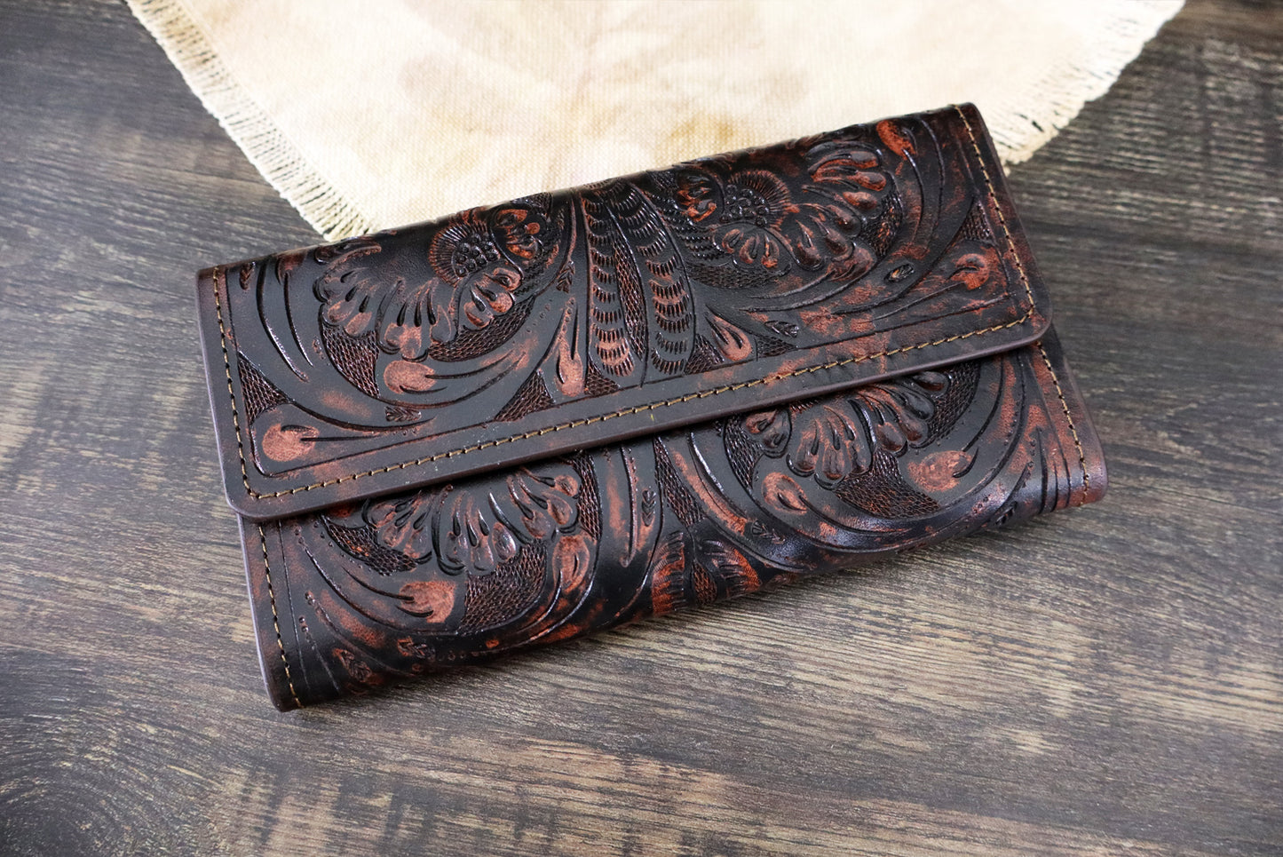 Tooled Leather Wallet, Wallet for Women, French Beige Style