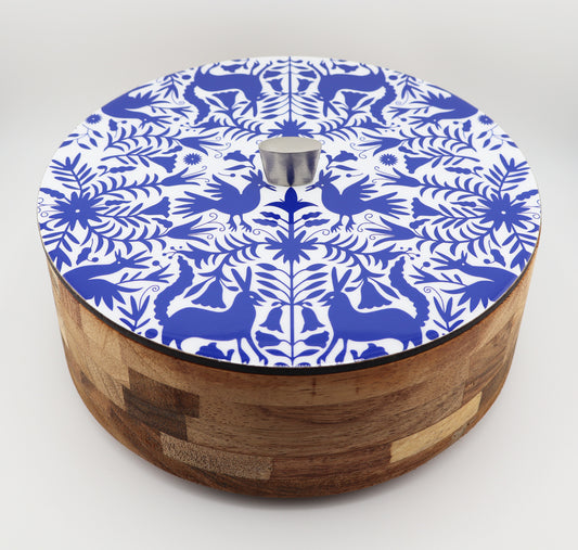 Tortillla Warmer Handmade Parota Wood, Blue Tenangos Contemporary design.