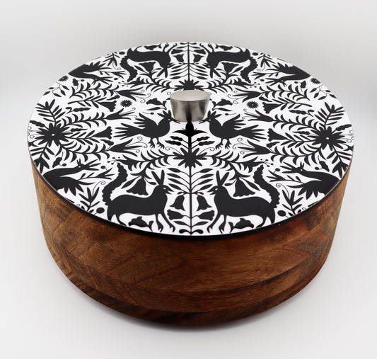 Tortillla Warmer Handmade Parota Wood, Black Otomi Contemporary design.