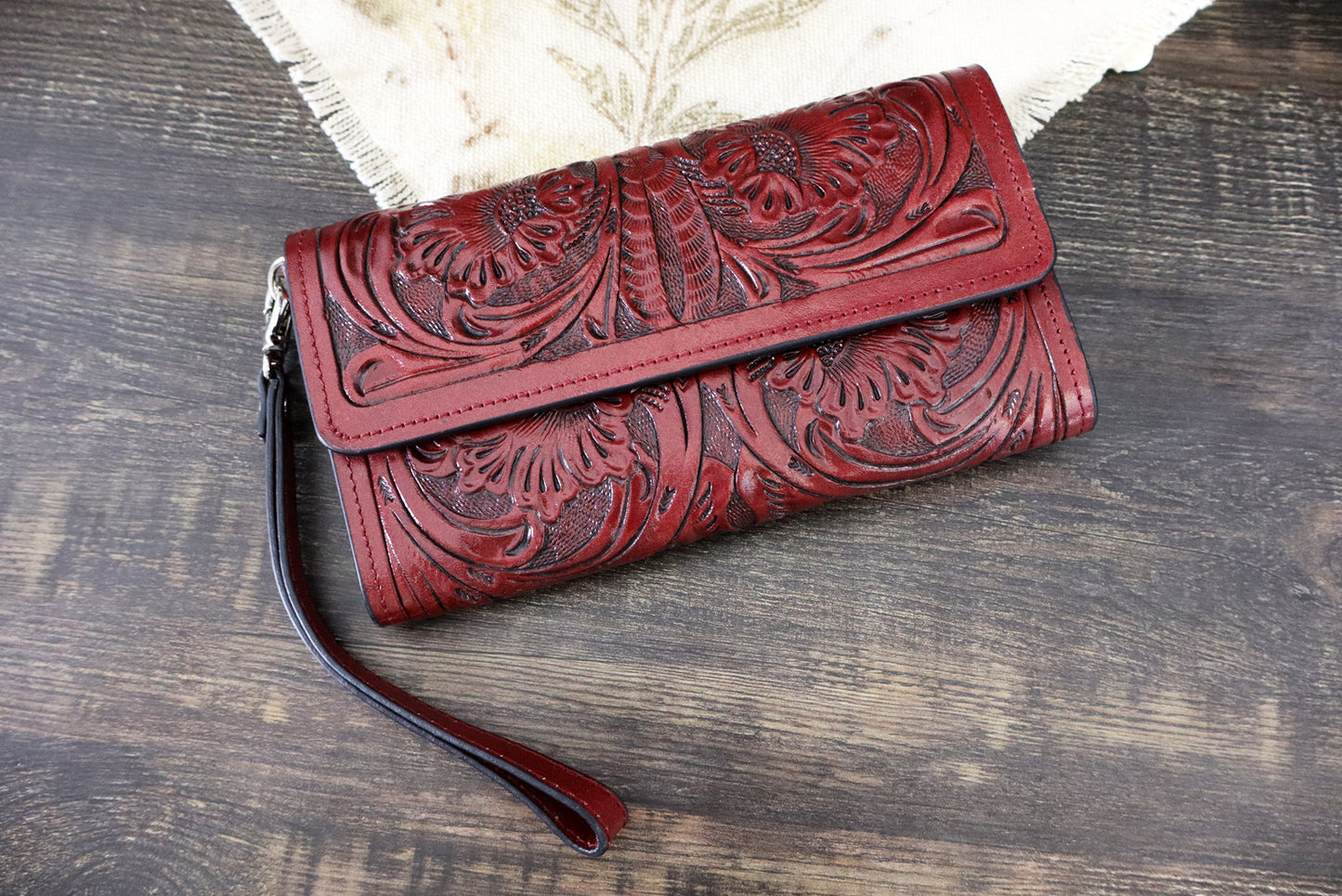 Handmade Tooled Leather Red Wallet