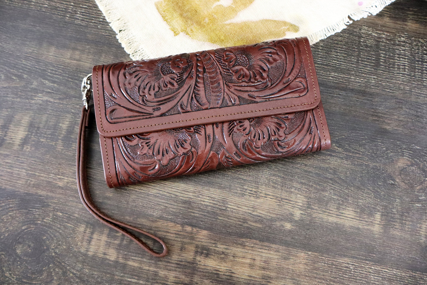Lady Brown Wallet with Wrist Strap, Tooled Leather Wallet