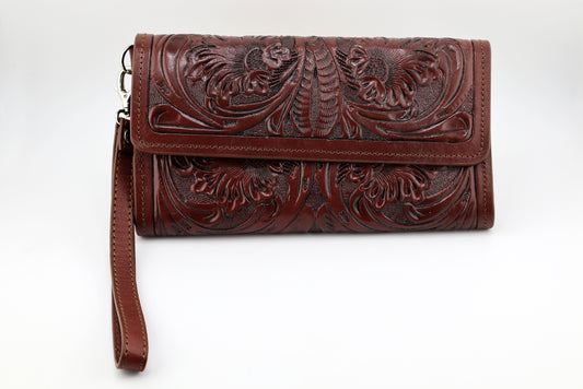 Lady Brown Wallet with Wrist Strap, Tooled Leather Wallet
