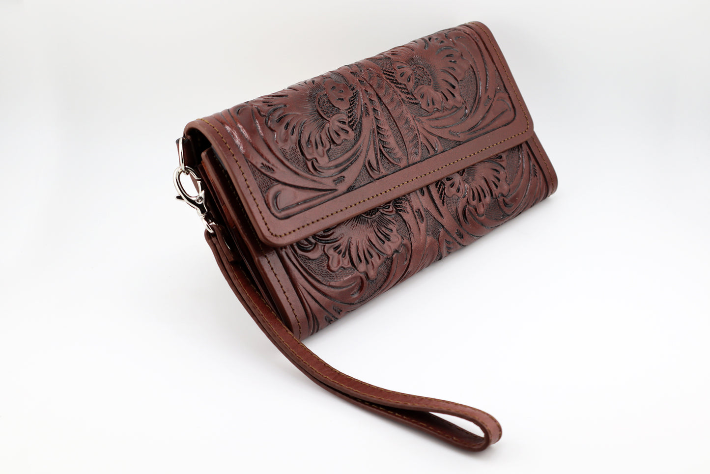 Lady Brown Wallet with Wrist Strap, Tooled Leather Wallet