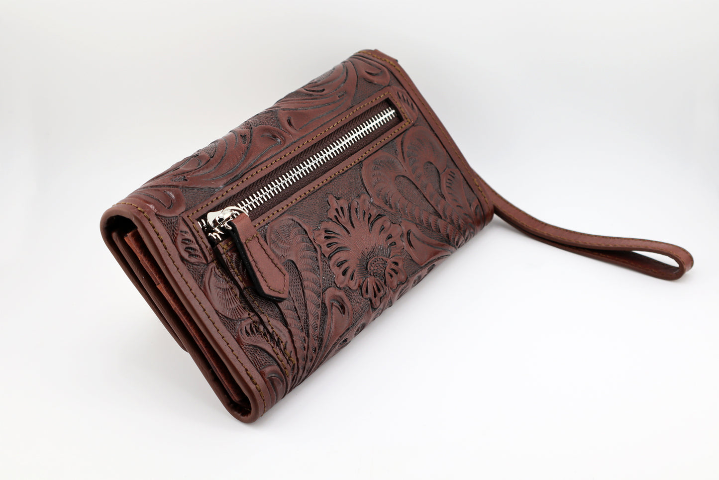 Lady Brown Wallet with Wrist Strap, Tooled Leather Wallet