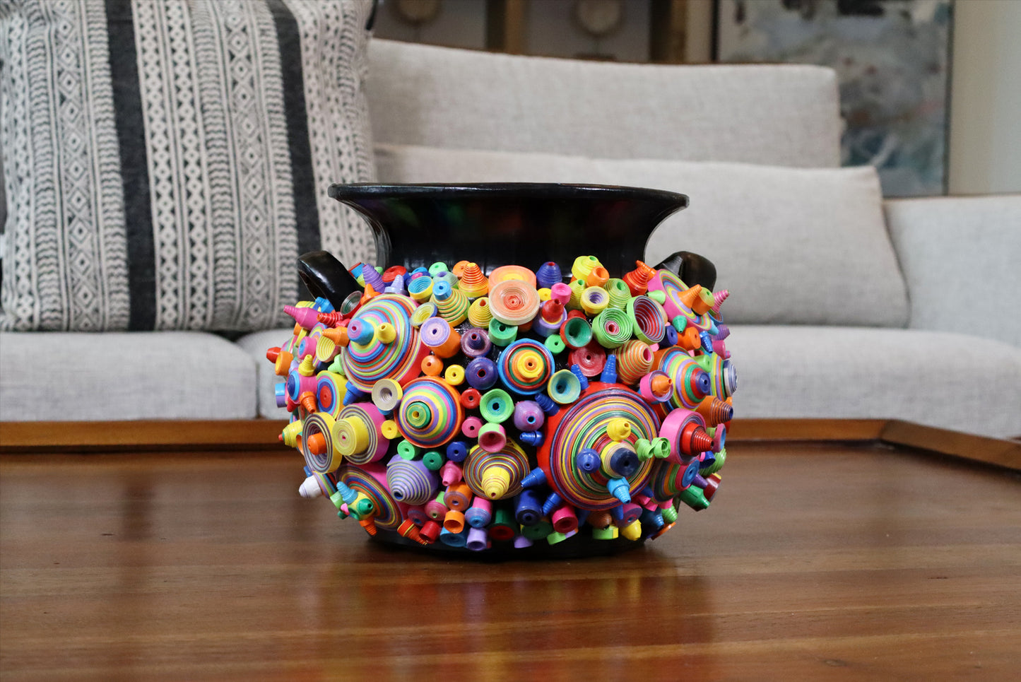 Sleek Black Pottery Vase with Modern Art Paper - Handcrafted Home Decor