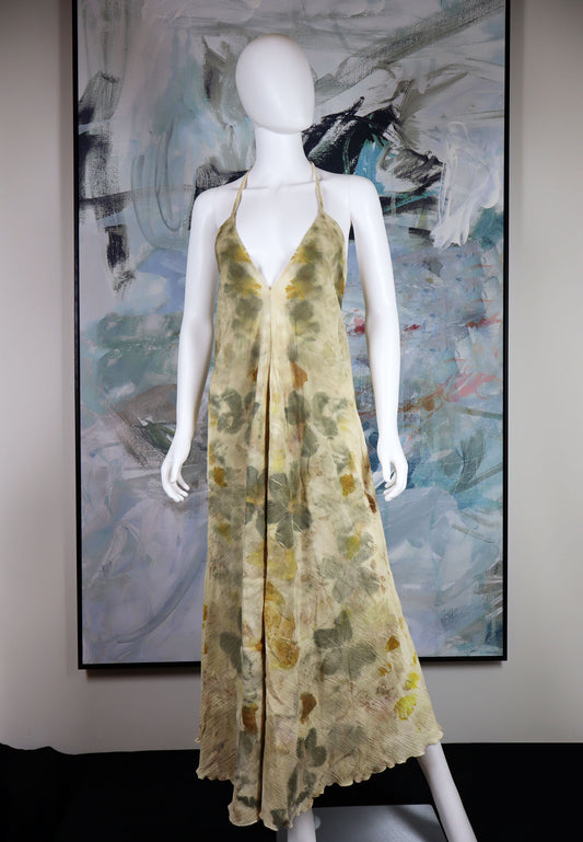 Maxi Dress Elegant Print Fabric Leaves Flowers Natural