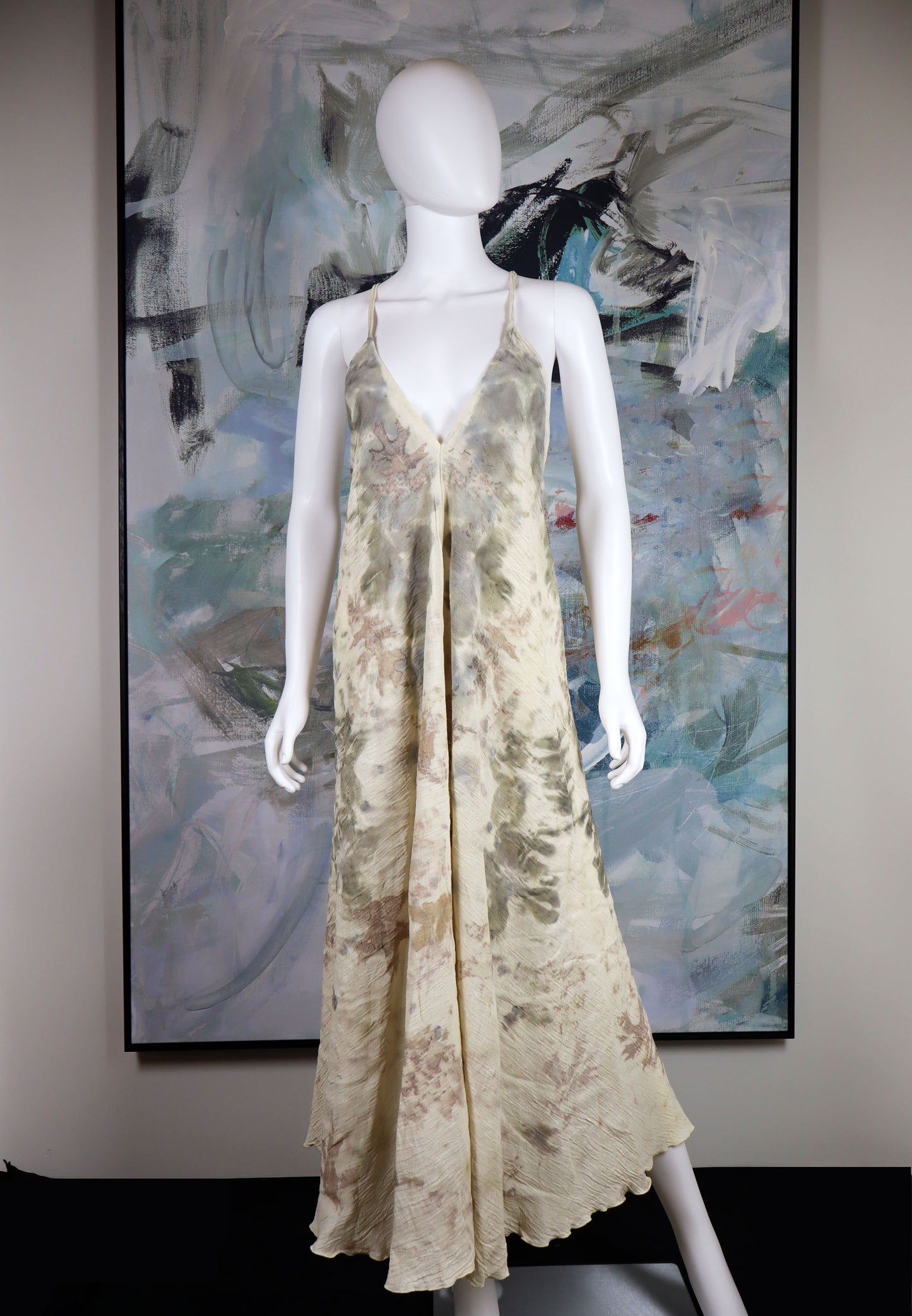 Maxi Dress Elegant Natural Print Fabric Leaves and Flowers