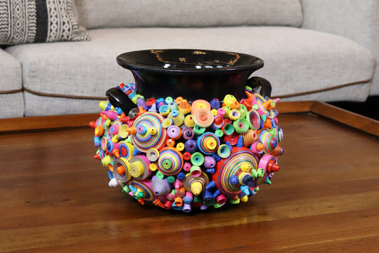 Sleek Black Pottery Vase with Modern Art Paper - Handcrafted Home Decor