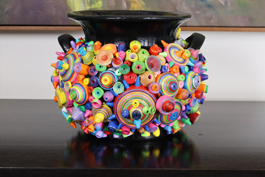 Sleek Black Pottery Vase with Modern Art Paper - Handcrafted Home Decor