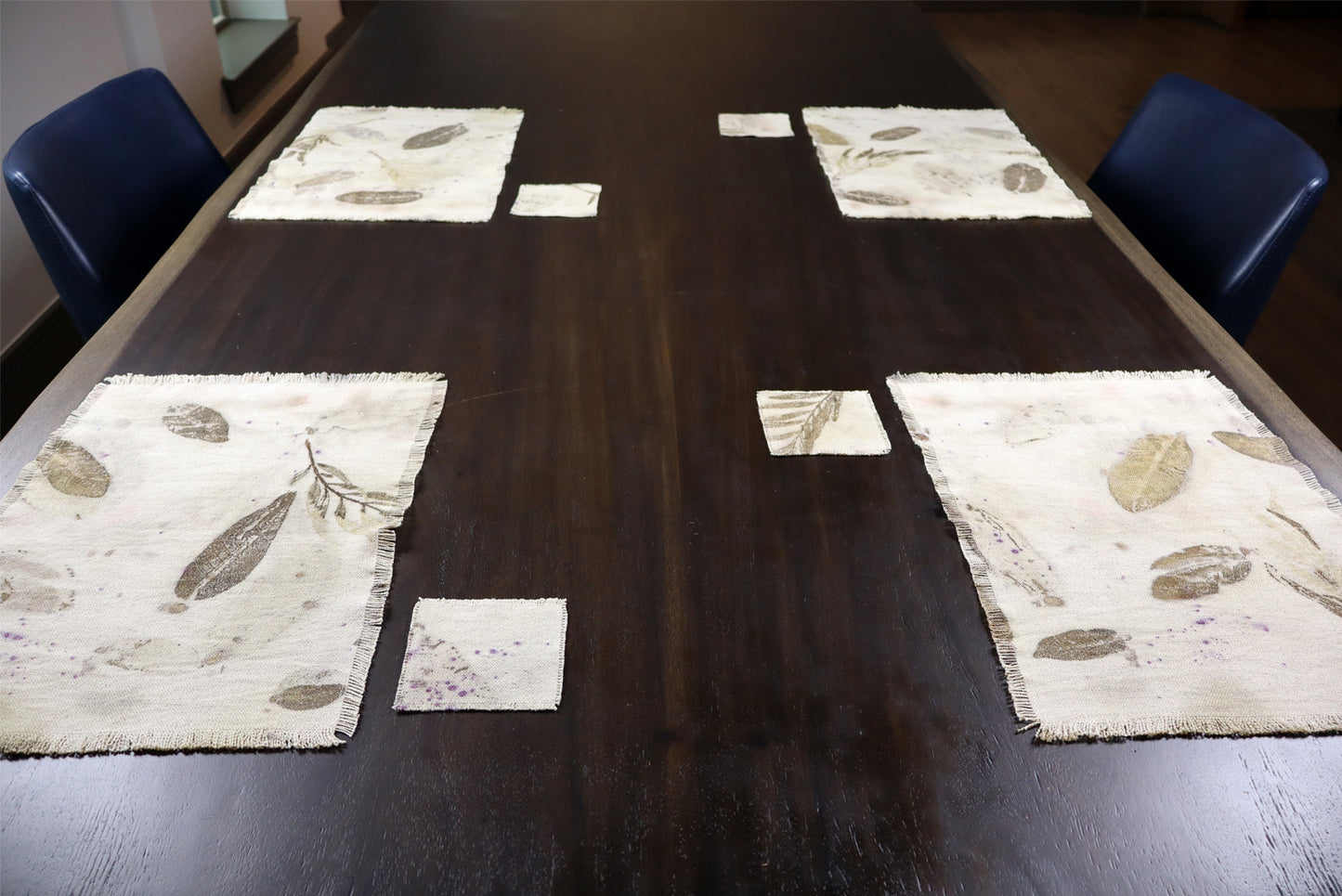 Ecoprint Placemats Natural Cotton Handmade dyed, Set of 4 Placemats.