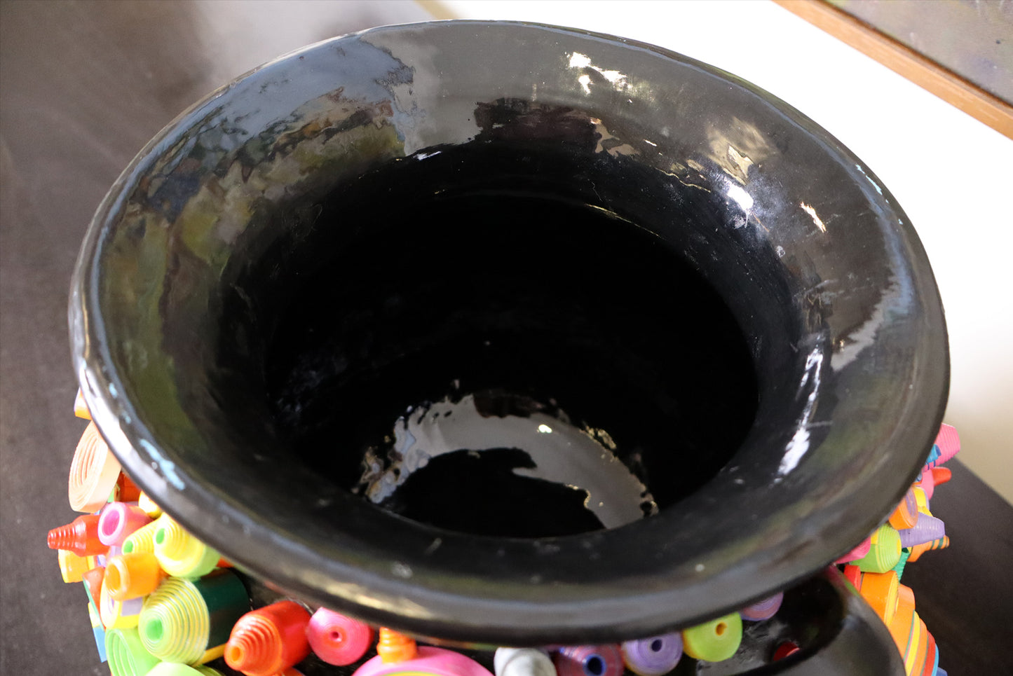 Sleek Black Pottery Vase with Modern Art Paper - Handcrafted Home Decor