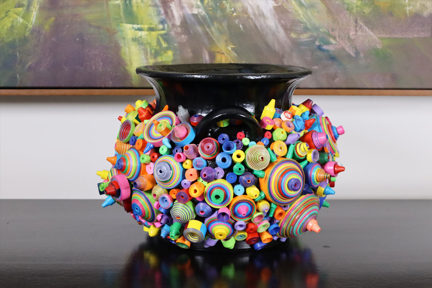 Sleek Black Pottery Vase with Modern Art Paper - Handcrafted Home Decor