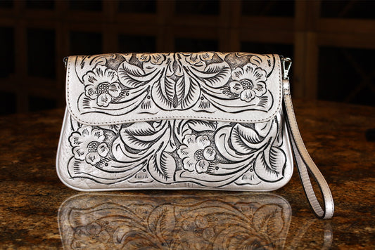 Crossbody Silver Bags, Handmade tooled leather purse
