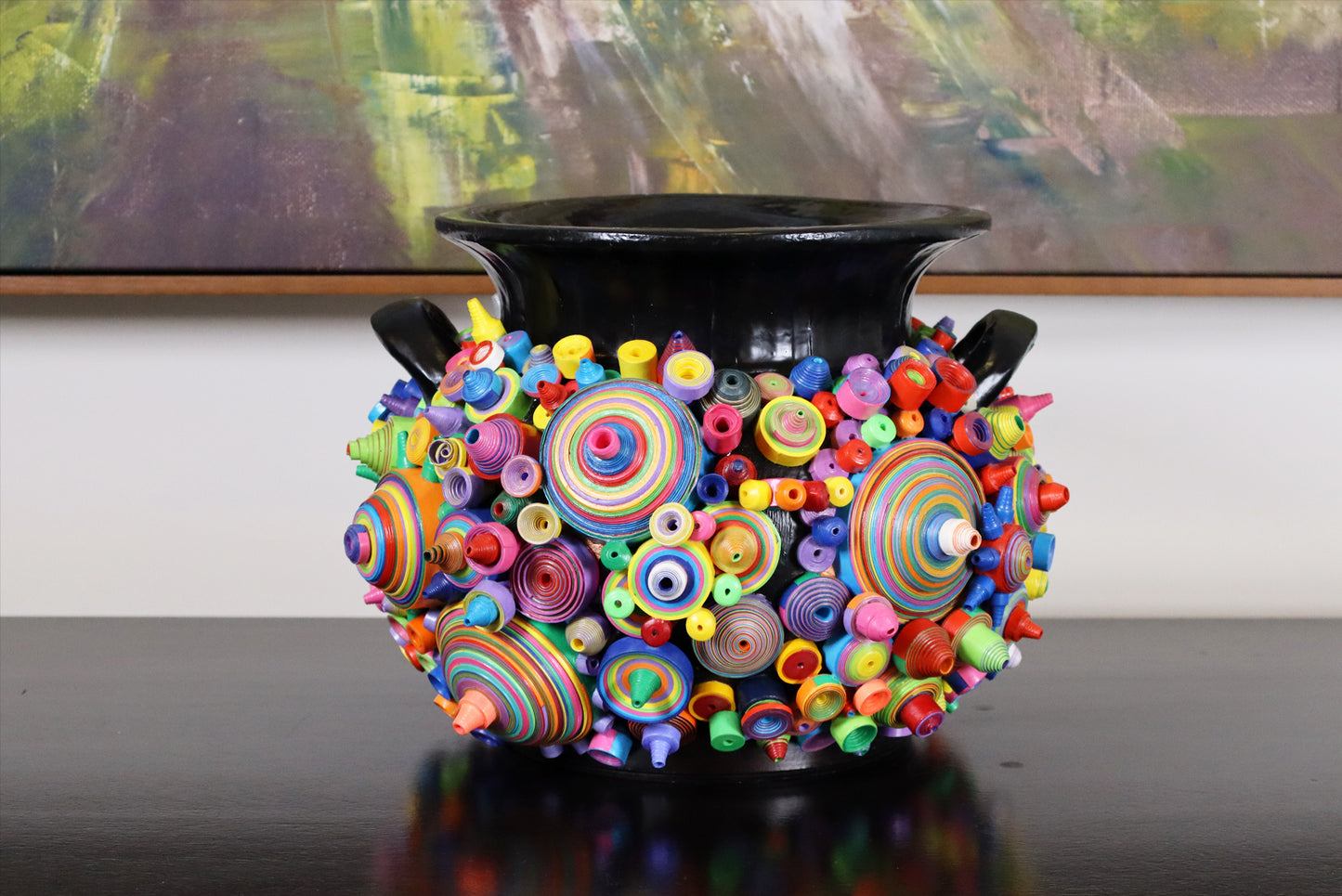 Sleek Black Pottery Vase with Modern Art Paper - Handcrafted Home Decor