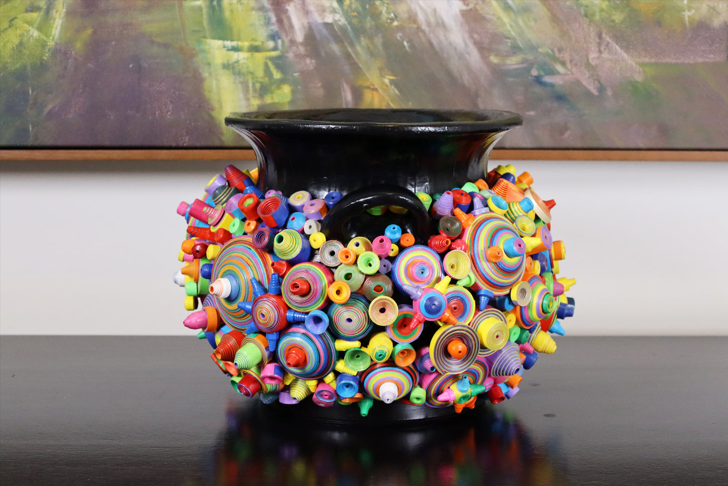 Sleek Black Pottery Vase with Modern Art Paper - Handcrafted Home Decor