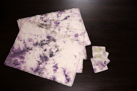 Set of 4 Placemats, 4 Coasters Natural Cotton, Handmade dyed, Ecoprint