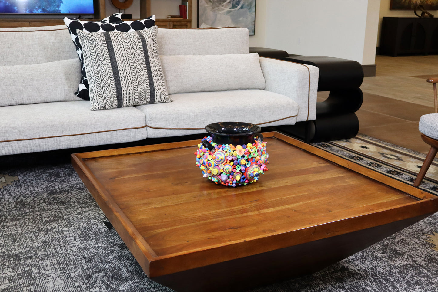 Sleek Black Pottery Vase with Modern Art Paper - Handcrafted Home Decor