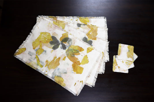 Beautiful Set of 4 Placemats, 4 Coasters, Ecoprint, Natural Cotton, Handmade dyed.