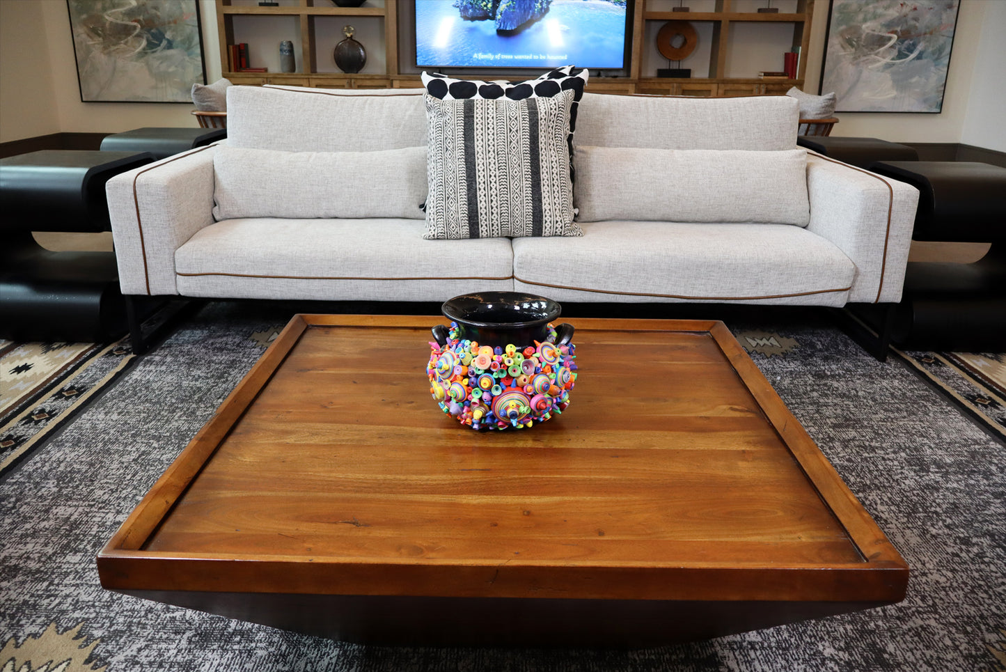 Sleek Black Pottery Vase with Modern Art Paper - Handcrafted Home Decor