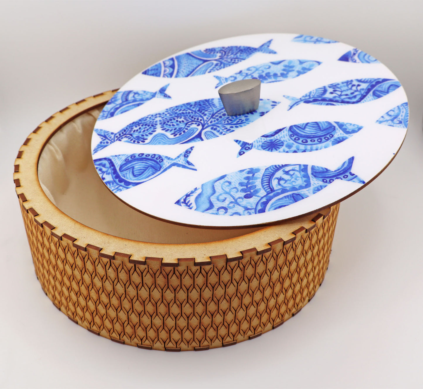 Tortillla Warmer, Blue Fish Contemporary design, Handmade Wood.