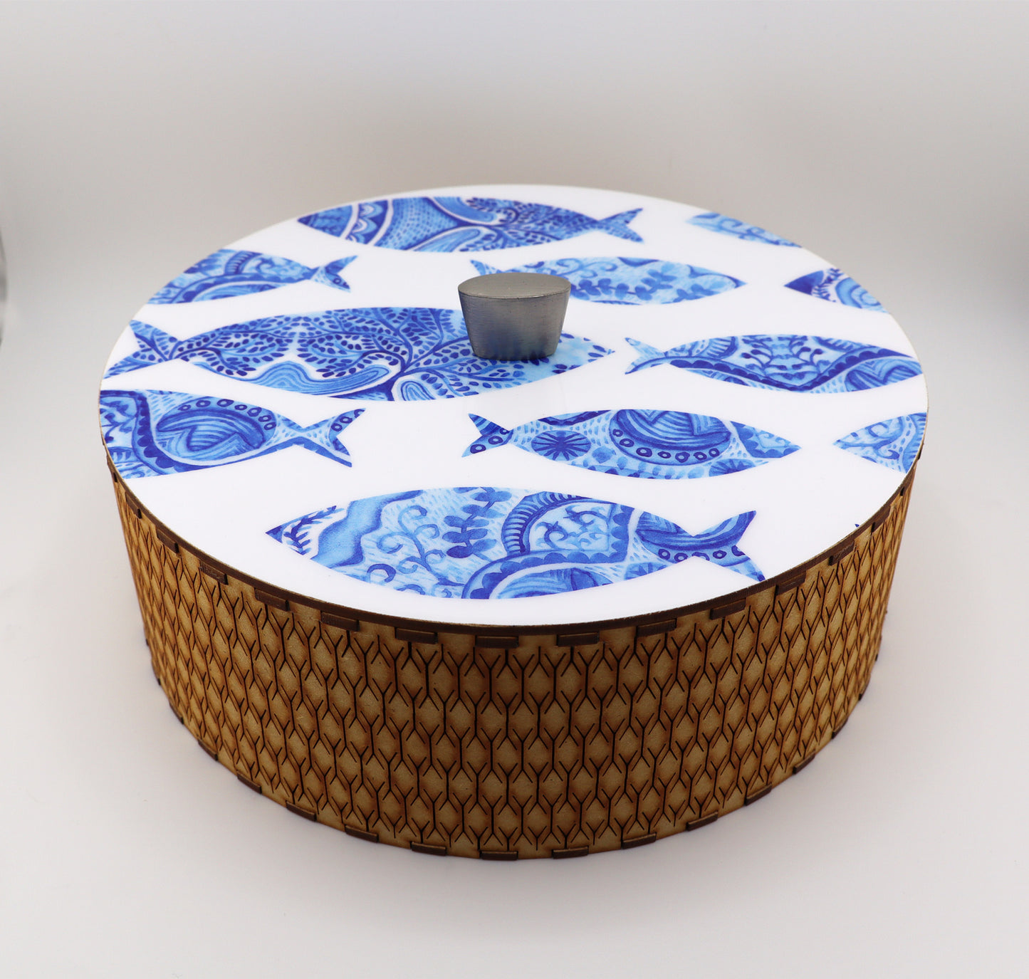 Tortillla Warmer, Blue Fish Contemporary design, Handmade Wood.