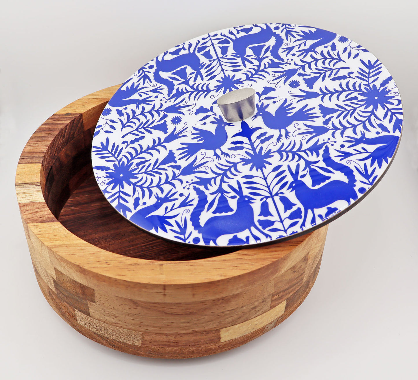 Tortillla Warmer Handmade Parota Wood, Blue Tenangos Contemporary design.