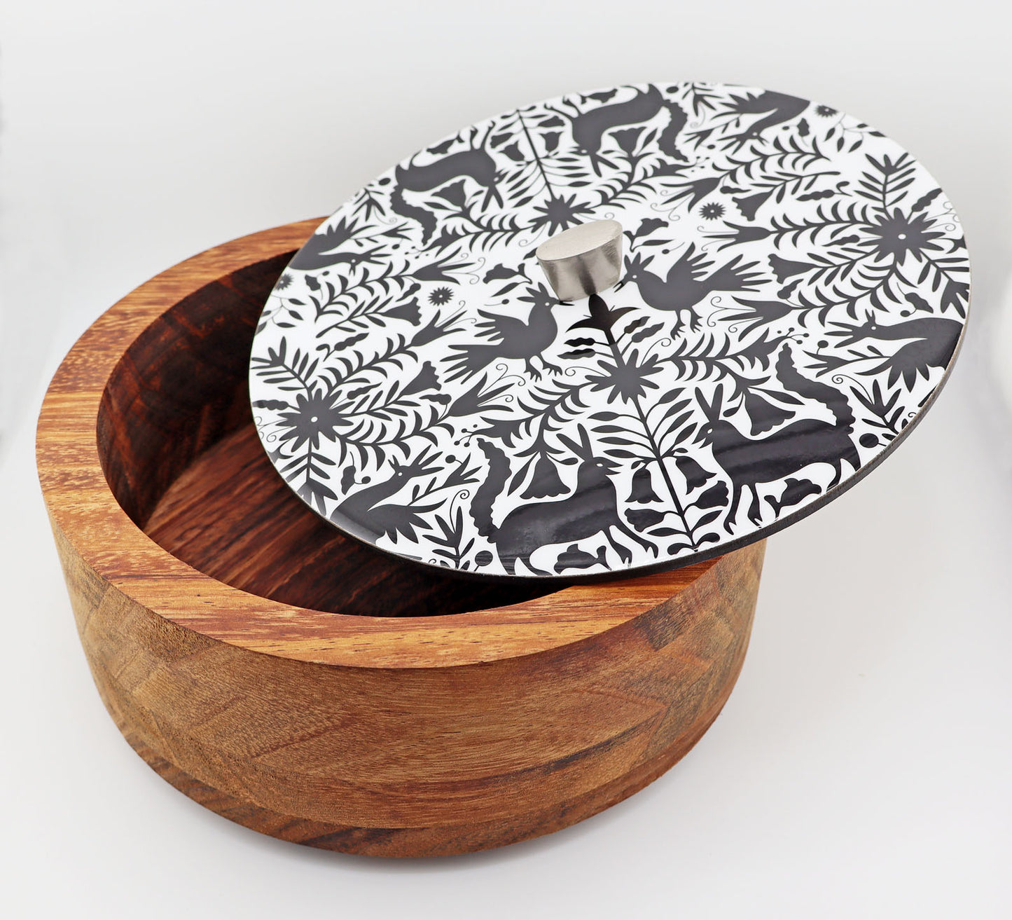 Tortillla Warmer Handmade Parota Wood, Black Otomi Contemporary design.