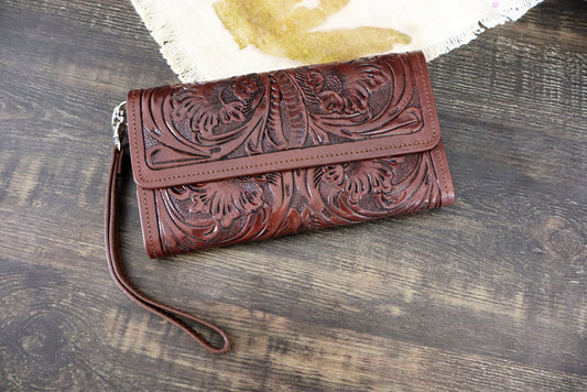 Lady Brown Wallet with Wrist Strap, Tooled Leather Wallet